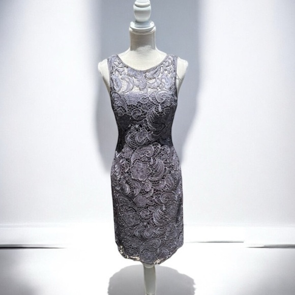 🌻Adrianna Papell Gray Illusion Lace Special Occasion Sheath Dress Size 8 - Picture 2 of 11